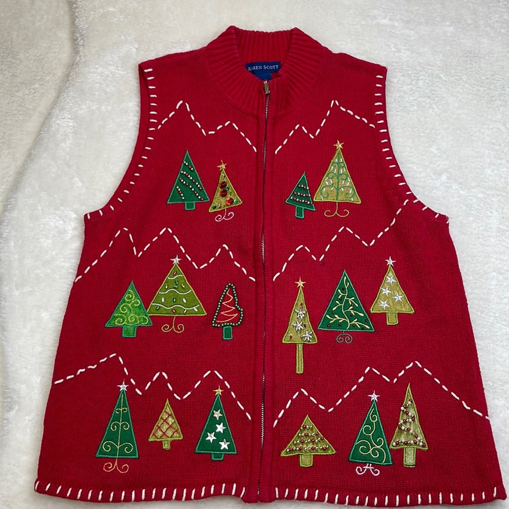Karen Scott Christmas Tree Zip-Front Sweater Vest Size Medium